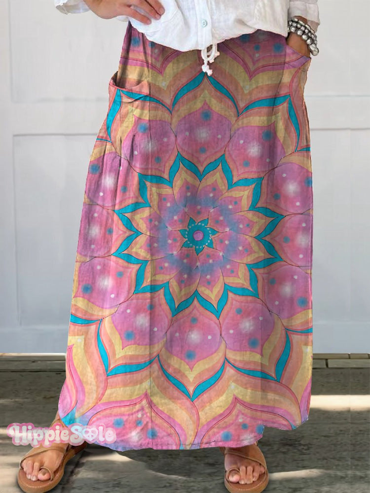 Women's Lotus Kaleidoscope Print Linen Pocket Skirt