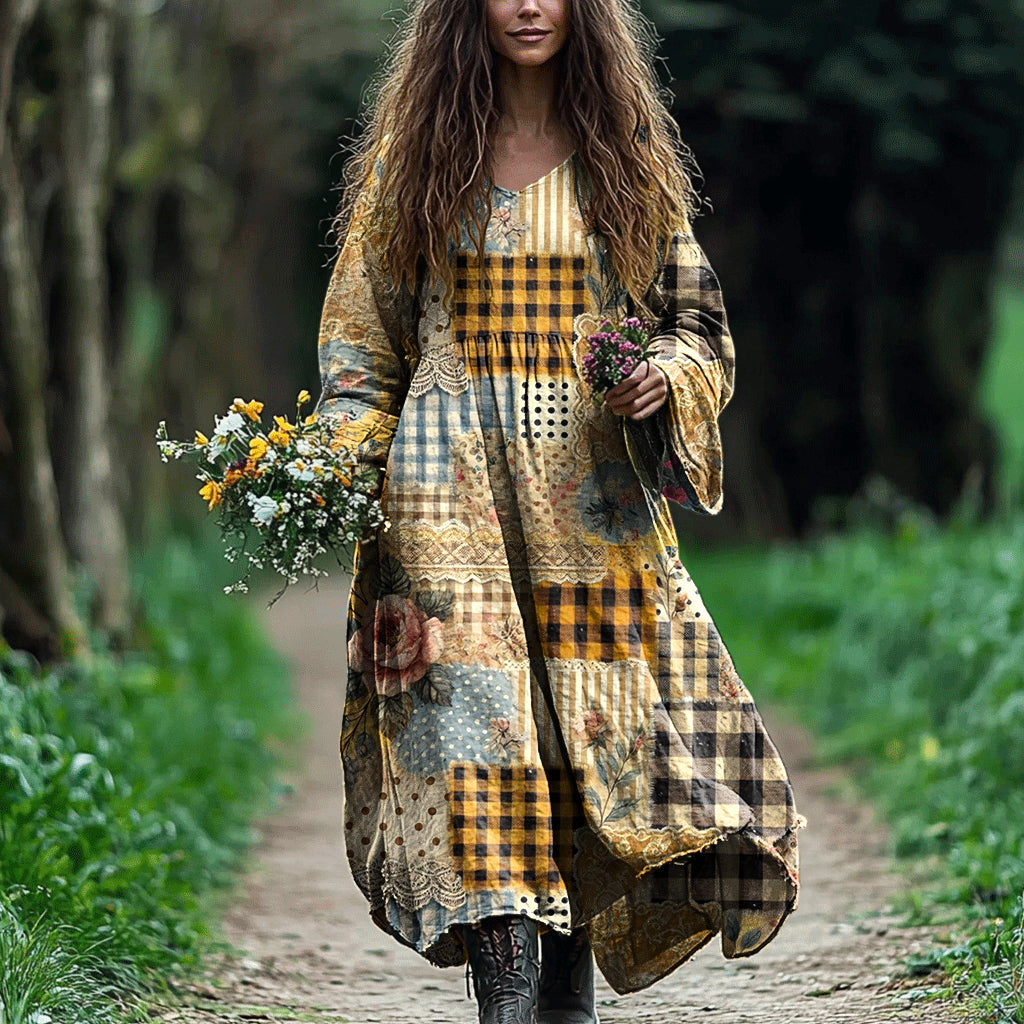 Women's Vintage Bohemian Floral Patch Dress artswardrobe