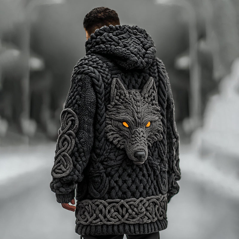 Men's Viking Celtic Knot Wolf Jacquard Knit Hooded Zipper Sweater Cardigan artswardrobe