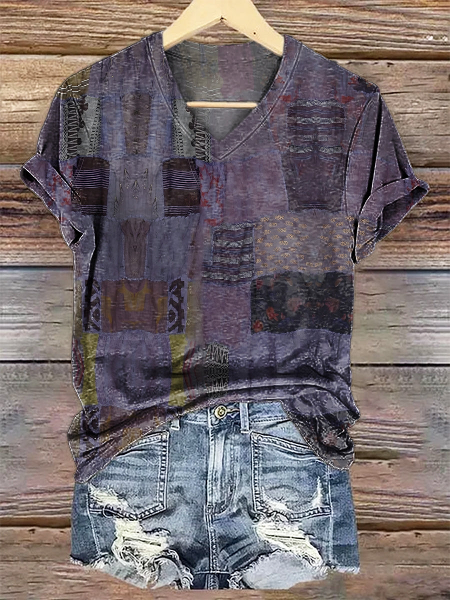 Women's Vintage Patchwork Art Print V-neck Casual T-Shirt