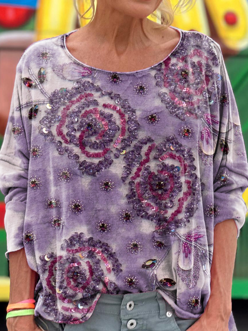 Women's Floral Texture Art Pattern Print Casual Long Sleeve T-shirt