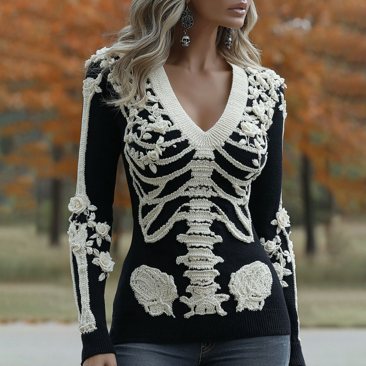Women's Halloween Skeleton Bones With Roses And Skull Art Casual Long Sleeve V Neck Sweater artswardrobe
