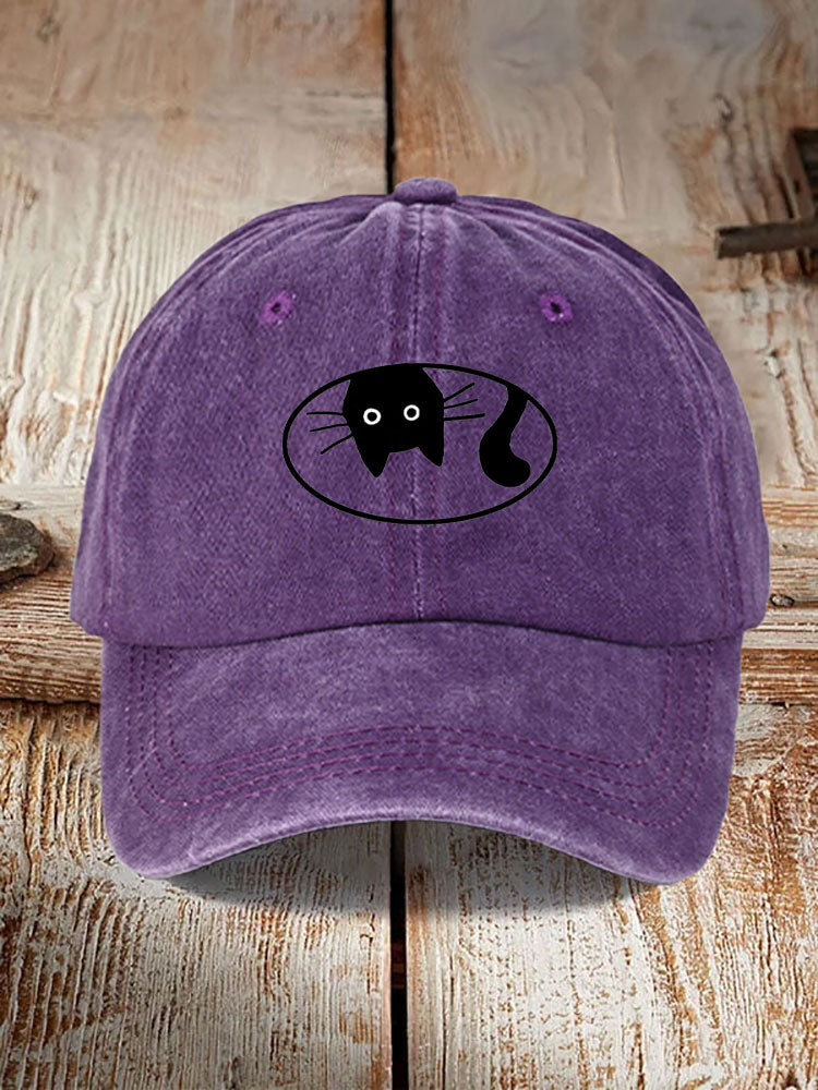 Comstylish Japanese Art Black Cat Print Washed Hat