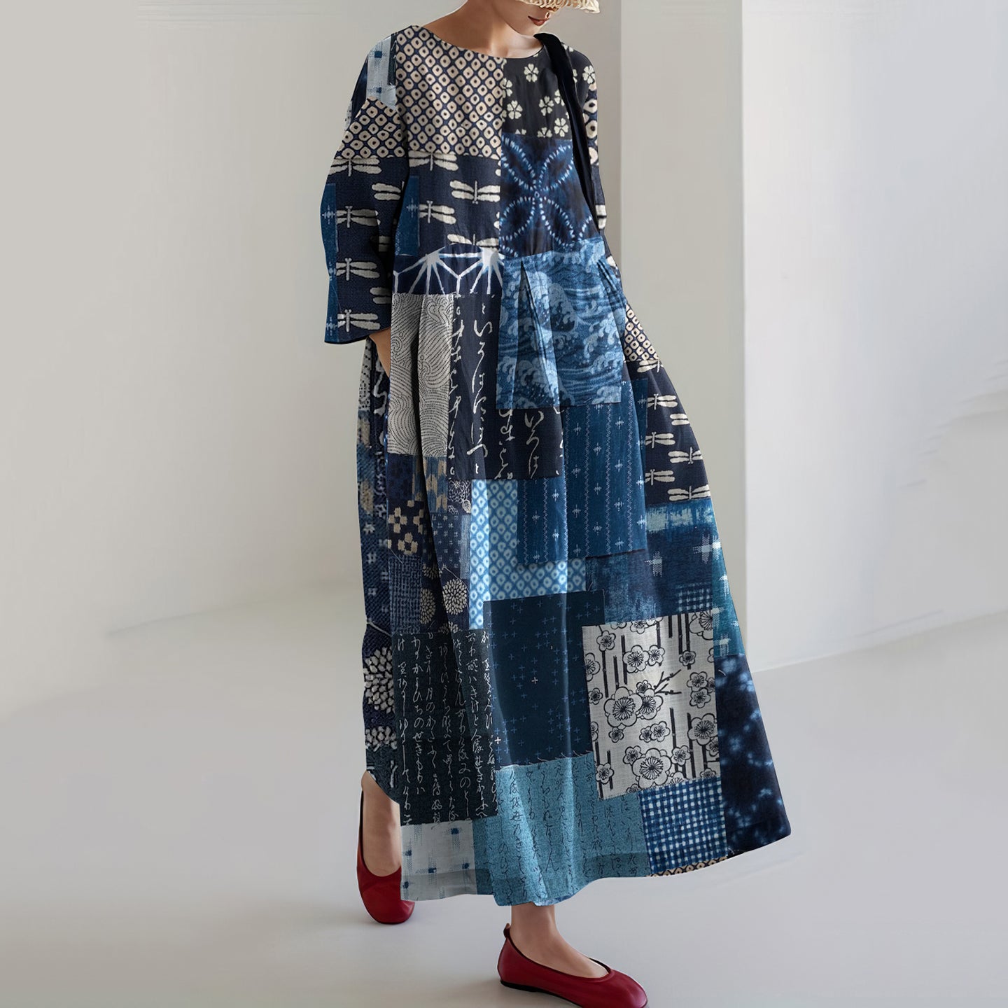 Comstylish Vintage Japanese Traditional Sashiko Floral Blooming Patchwork Art Cropped Print Casual Midi Dress