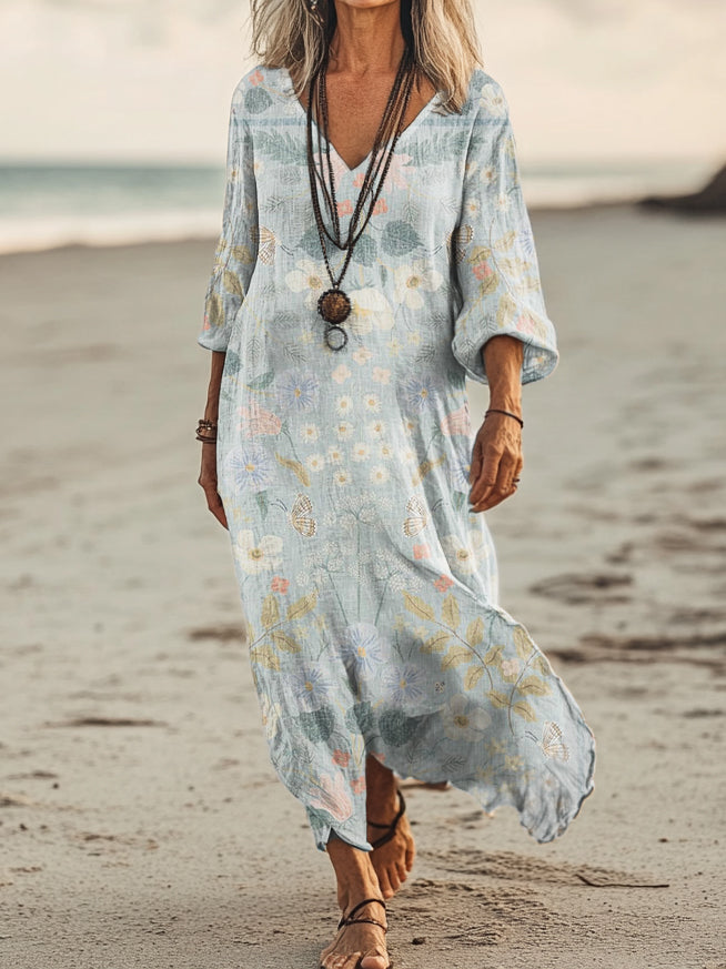 Women's Floral Art Print Pocket Cotton Dresses