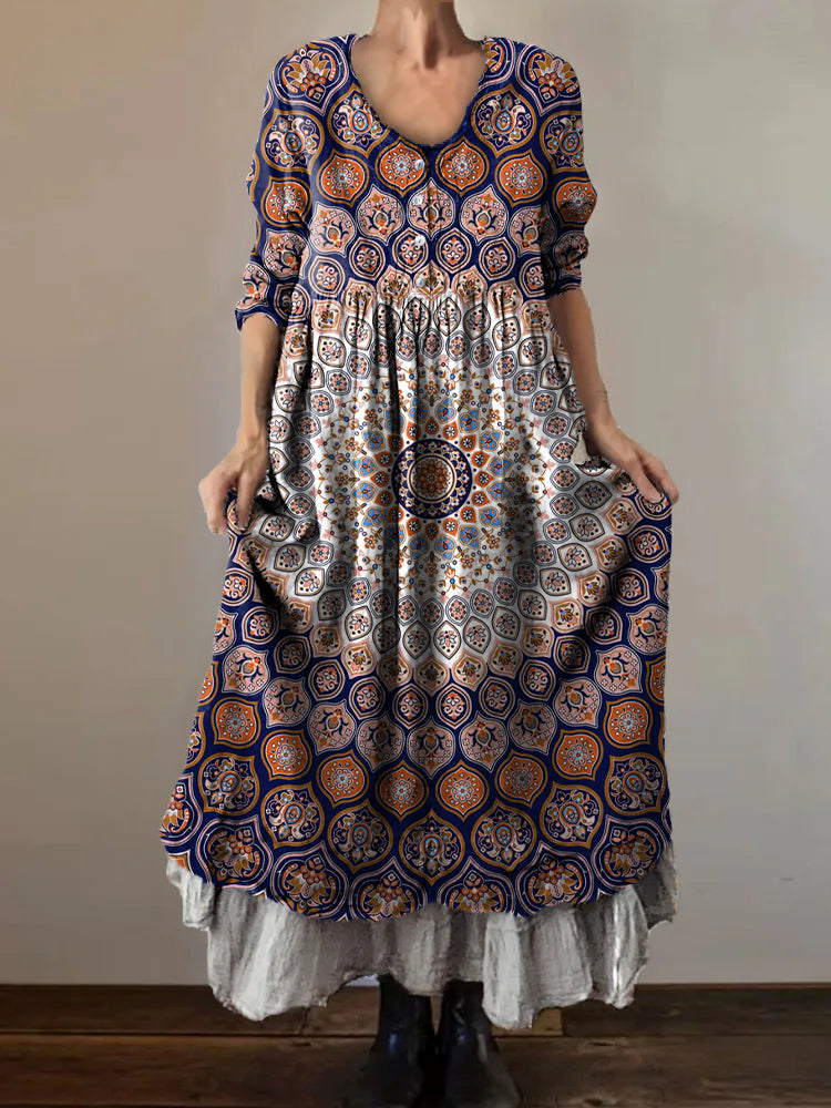 Women's Vintage Mandala Art Print V-Neck Button Pocket Cotton Dress