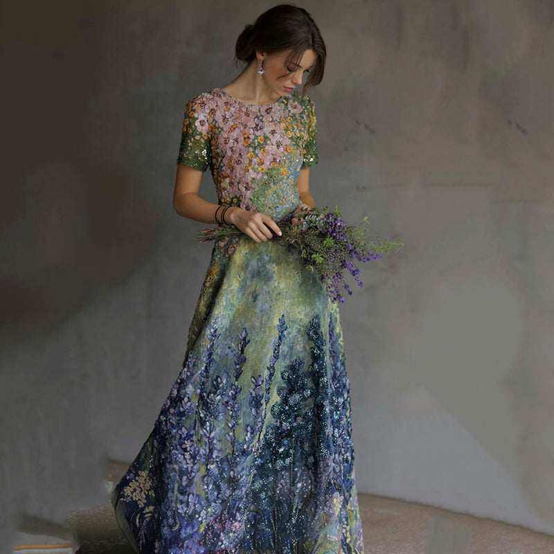 Art Oil Painting Lavender Floral Sequin Gradient Maxi Dress artswardrobe