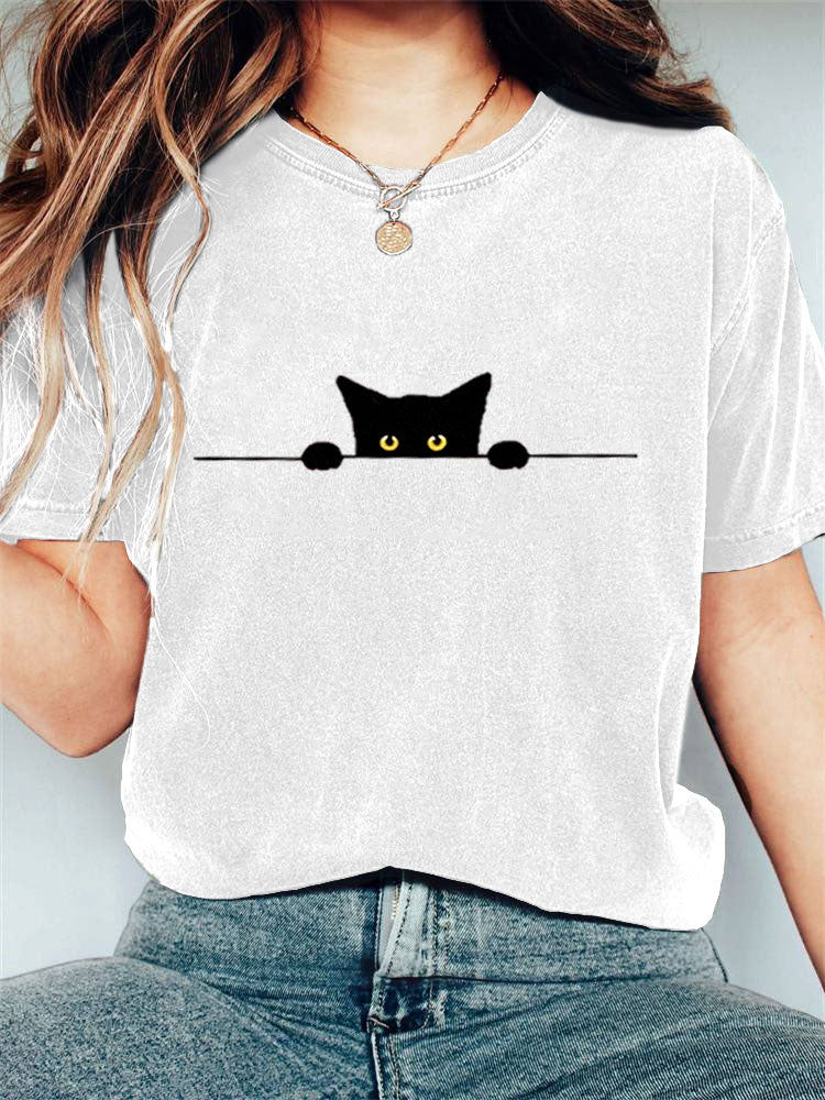 Women's Casual Funny Black Cat Print T-shirt elevenforest