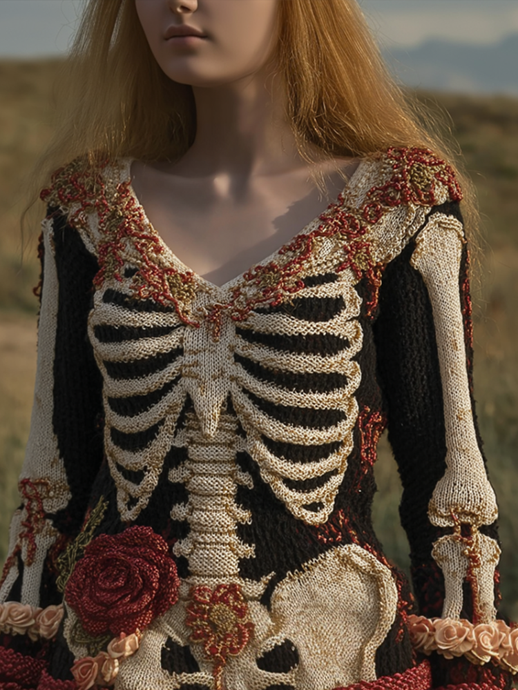 Comstylish Ladies' V-neck Knitted Sweater With Halloween-themed Line Art And Botanical Floral Design.