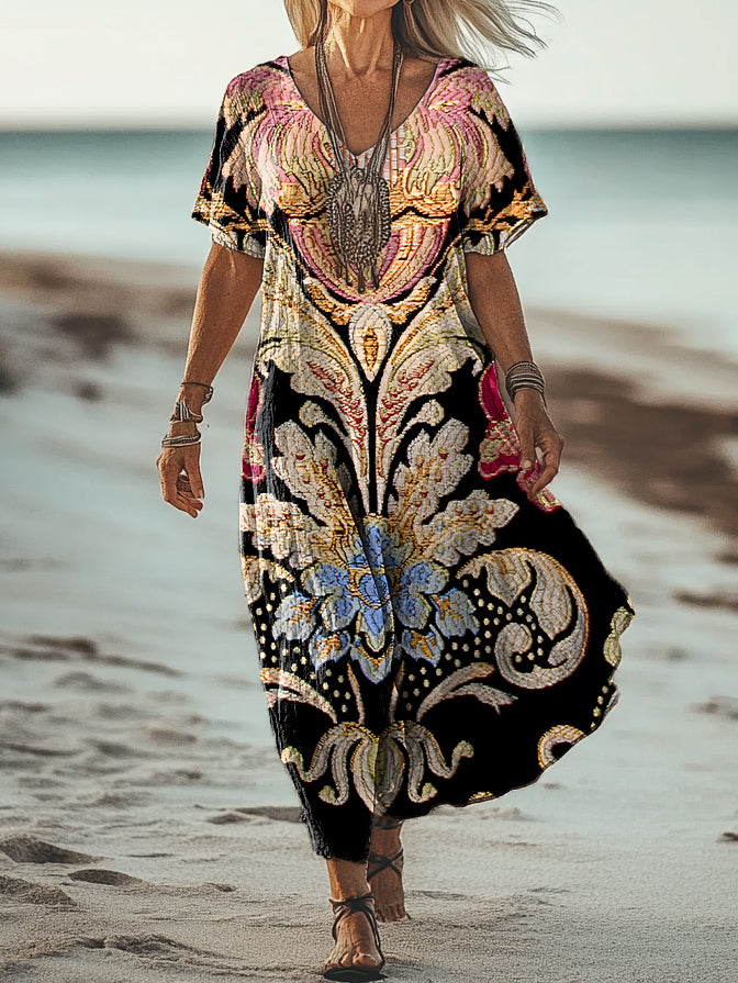 Women's Vintage Ethnic Floral Art Print Pocket Cotton Dress