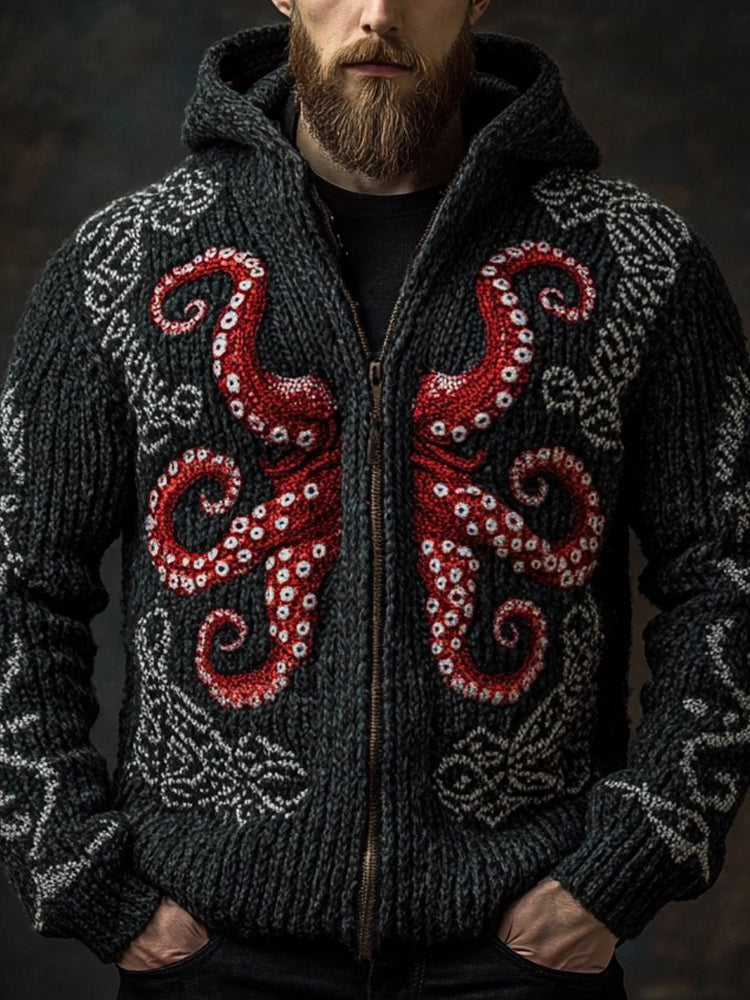 Men's Octopus Embroidered Retro Cozy Hooded Cardigan artswardrobe