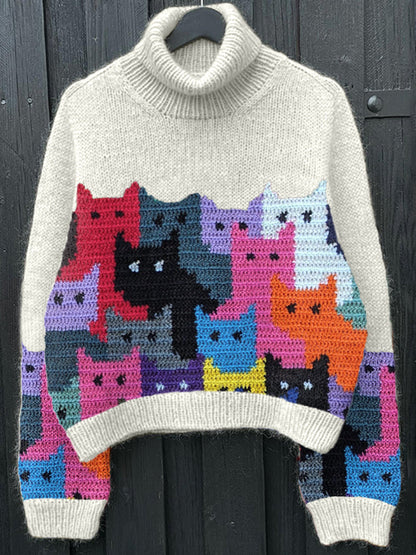 Colorful Cats Pattern Cozy Soft Knit Sweater elevenforest