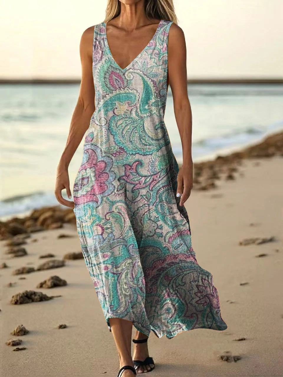 Women's Vintage Paisley Floral Art Print Pocket Cotton Dress