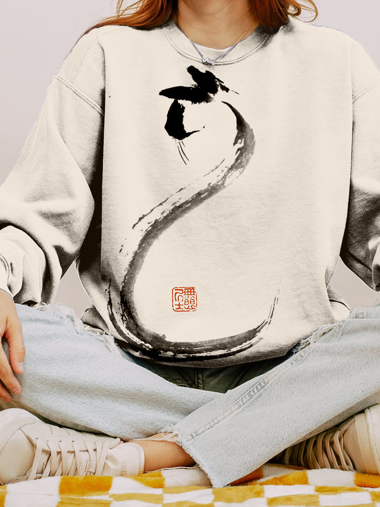 Japanese Minimalist Cat Art Crew Neck Comfy Sweatshirt elevenforest