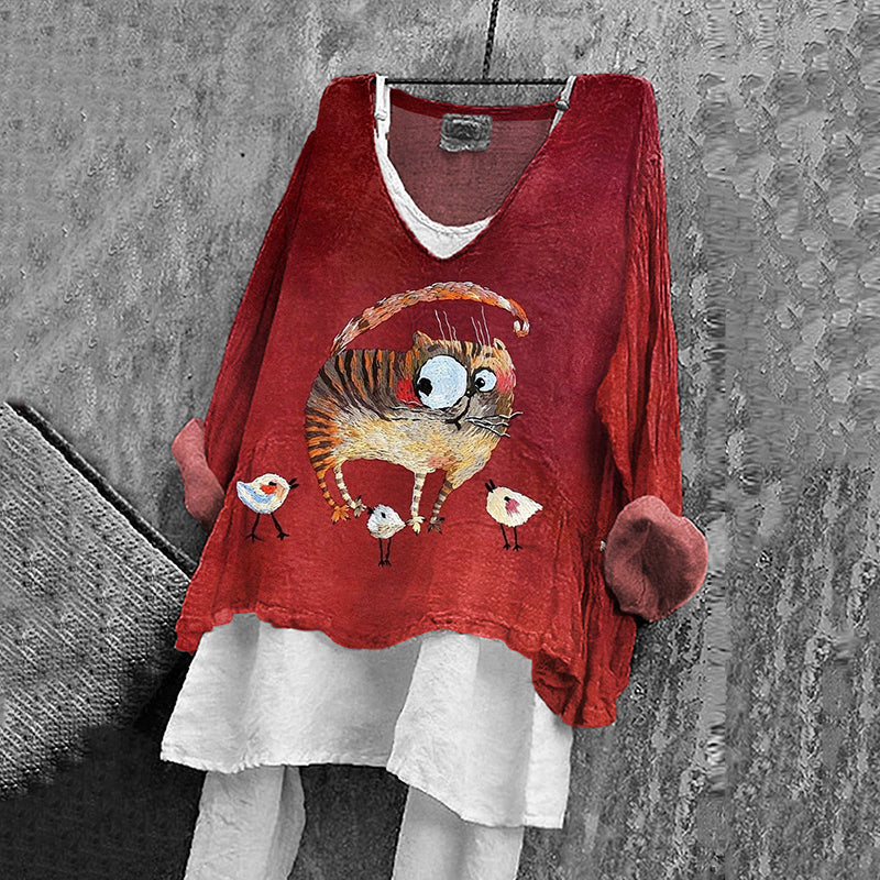 Comstylish Women's Cat And Bird Embroidery Art V-neck Linen Blend Shirt