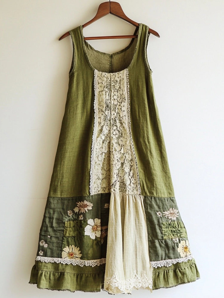 Boho Floral Pattern Linen Lace Patchwork Dress artswardrobe