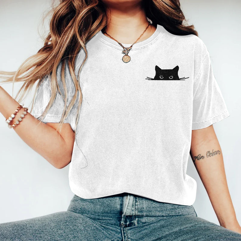 Comstylish Abstract Creative Embroidered Black Cat Art Print T-shirt