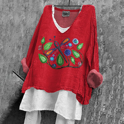 Comstylish Women's Colorful Dragonfly Art Cotton And Linen V-neck Shirt
