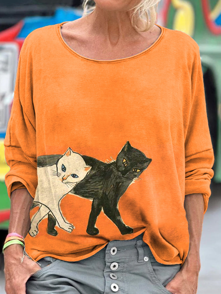 Women's Japanese Art Cats Print Long Sleeve T-shirt elevenforest