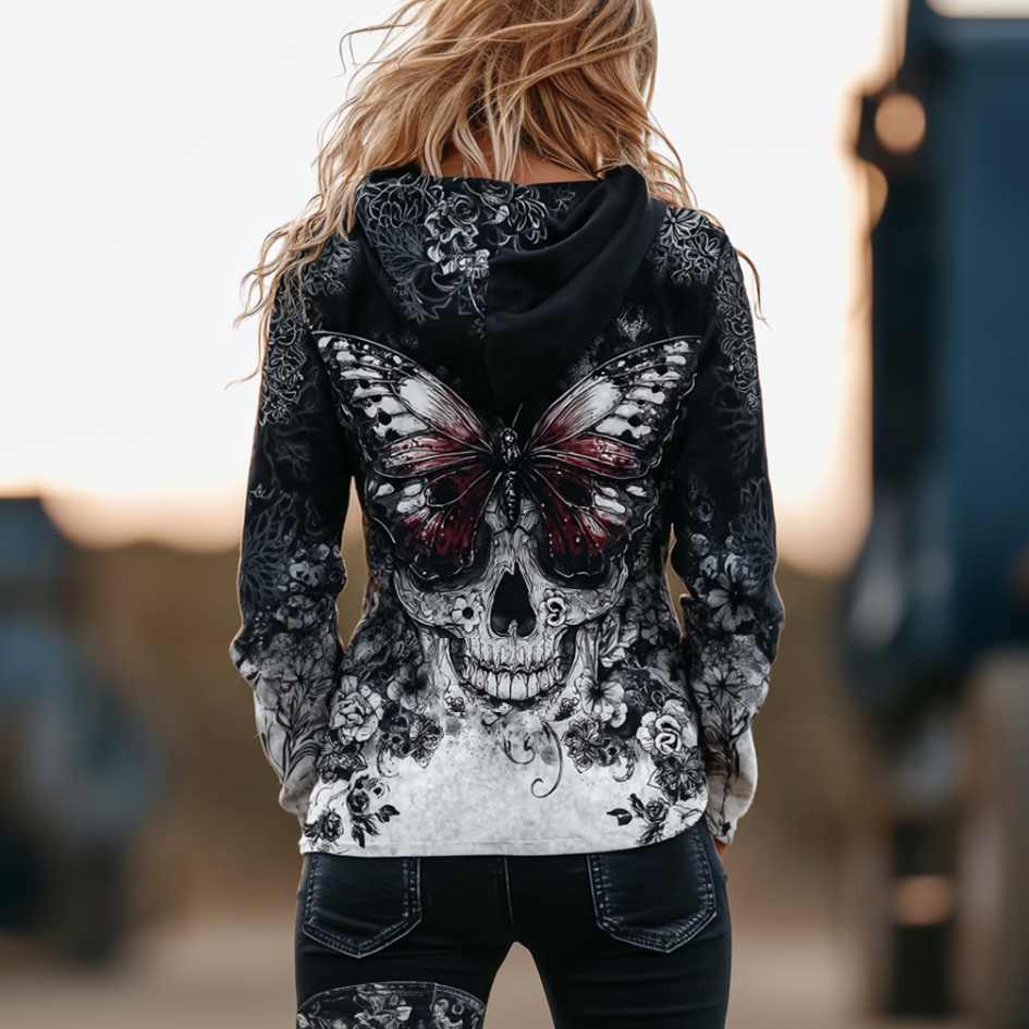 Comstylish Halloween Theme Skull And Butterfly With Plant Flower Pattern Design Women's Hooded Sweatshirt