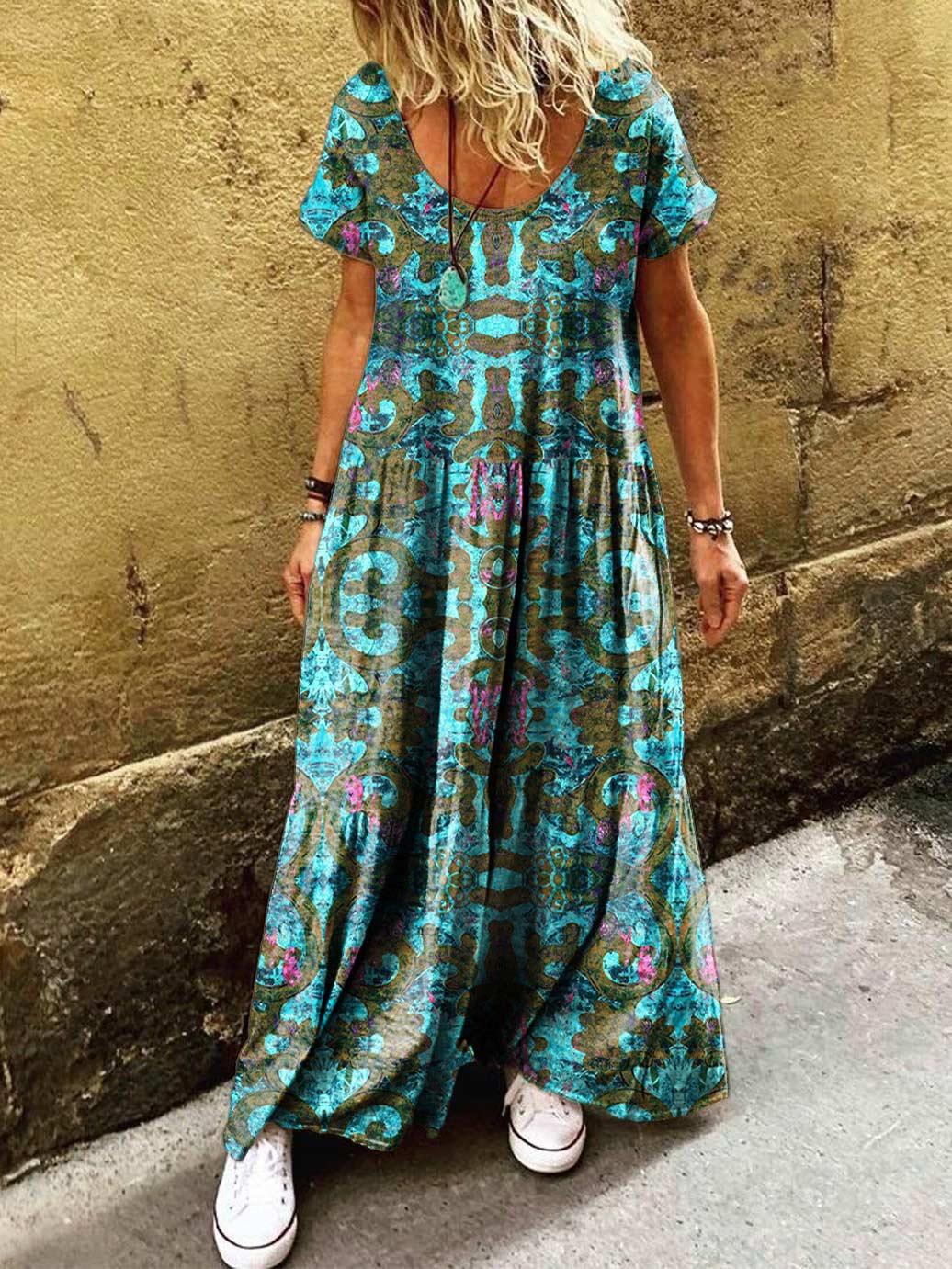 Women's Hippie Art Floral Print Round Neck Short Sleeve Dress