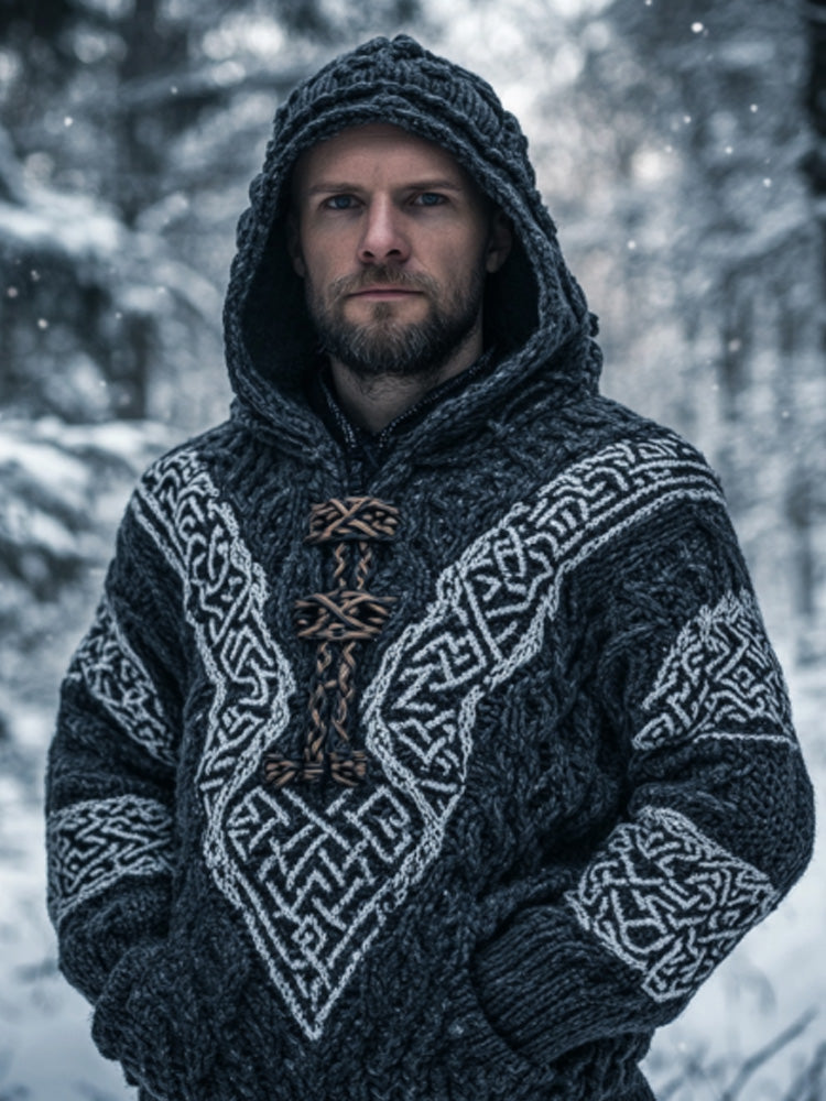 Men's Vintage Viking Inspired Celtic Jacquard Hooded Sweater artswardrobe