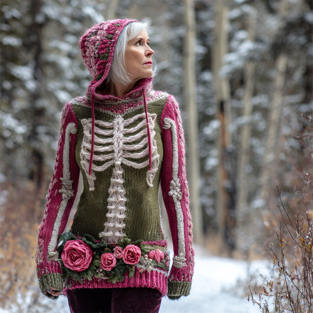 Retro Frame & Floral Art Women's Knit Hooded Sweater artswardrobe