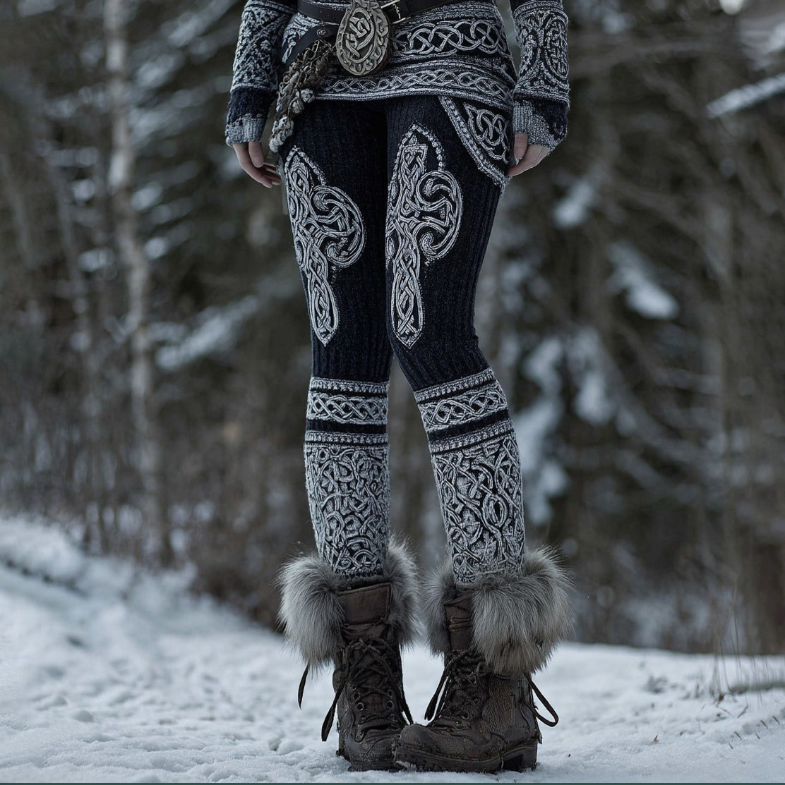 Women's Retro Viking Cross Celtic Knot Jacquard Art Cozy Leggings artswardrobe