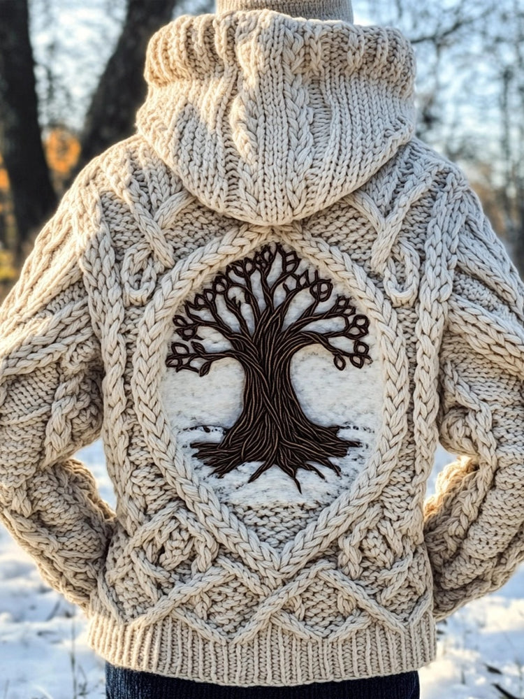 Viking Tribal Tree Of Life Celtic Chunky Knit Hooded Sweater artswardrobe