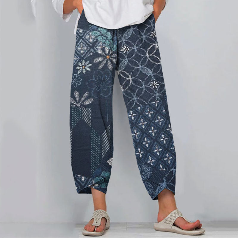Comstylish Vintage Japanese Indigo Blooming Traditional Sashiko Patchwork Art Cropped Casual Pants