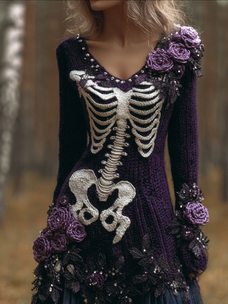 Comstylish Women's Halloween Skeleton Human Skeleton Art And Withered Rose Purple V-neck Sweater