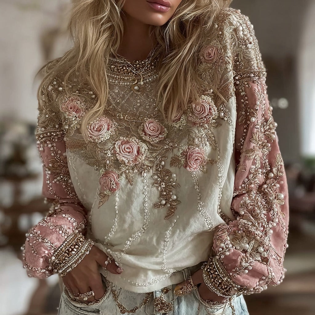 Comstylish Women's Floral Embroidery Boho Casual Crew Neck Sweatshirt