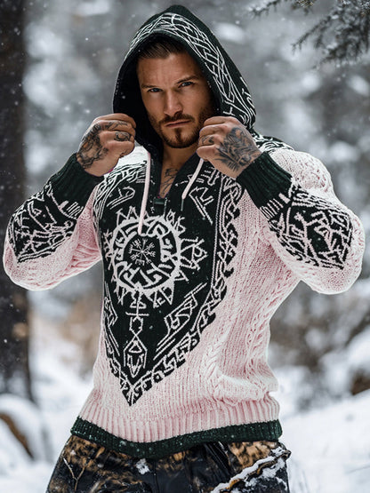 Men's Viking Tribal Jacquard Celtic Inspired Chunky Knit Hooded Sweater artswardrobe