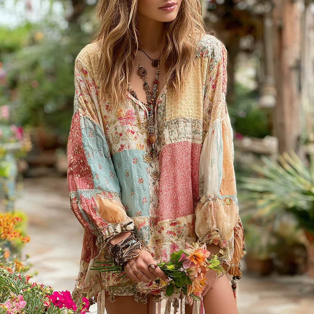 Women's Vintage Floral Art Patch Loose Fit T-shirt artswardrobe