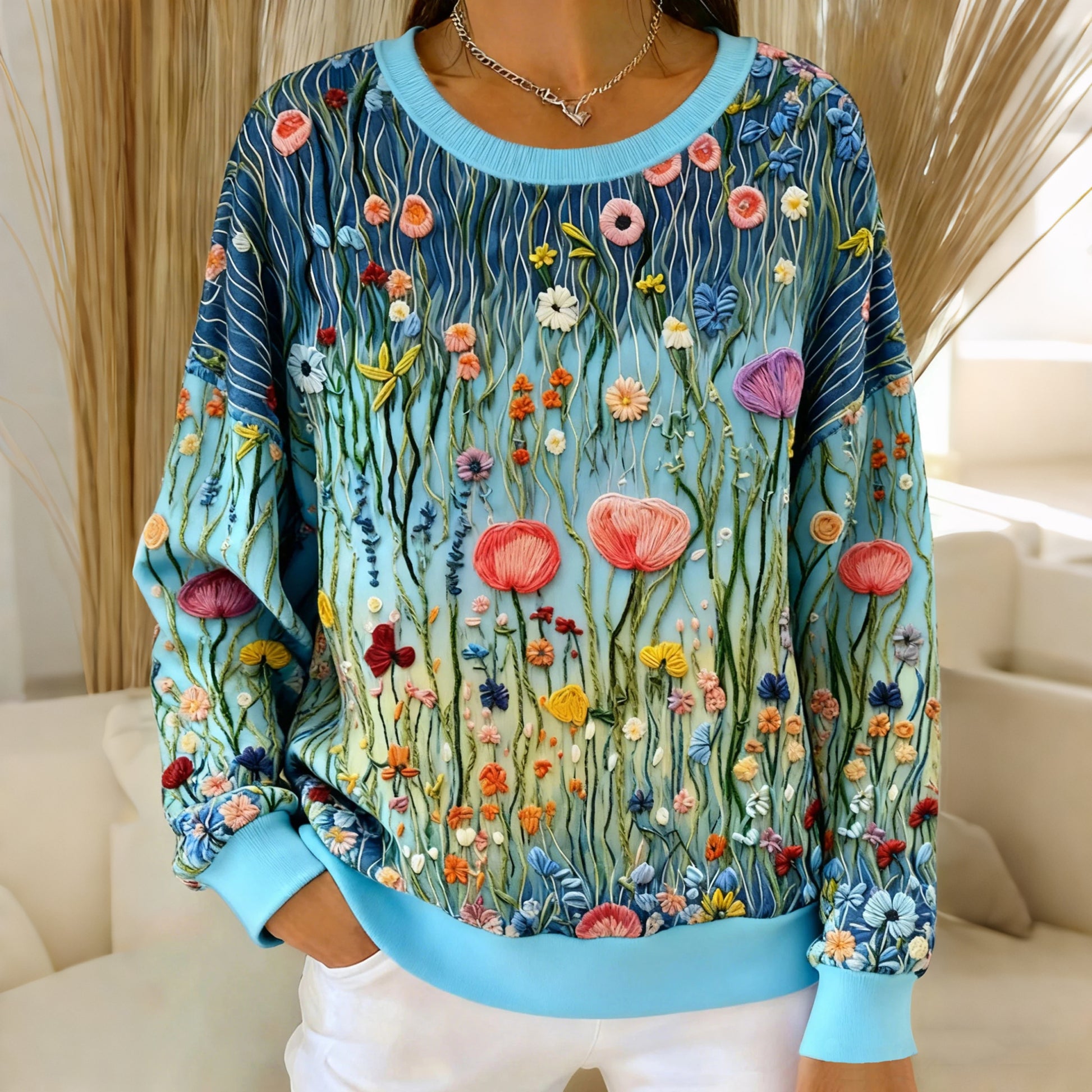Comstylish Women's Floral Print Crew Neck Casual Sweatshirt