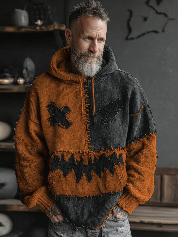 Men's Halloween Spooky Face Colorblock Stitched Hooded Cozy Knit Sweater artswardrobe