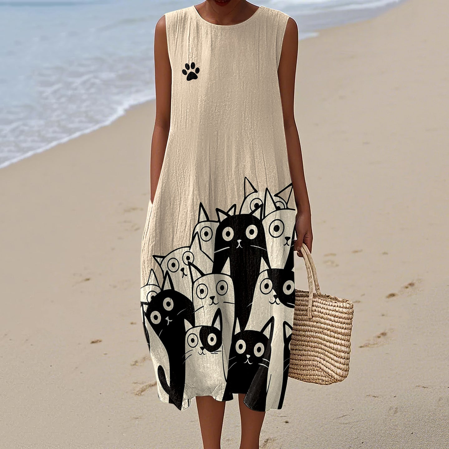 Women's Vintage Cat's Abstract Art Linen Tank Midi Dress elevenforest