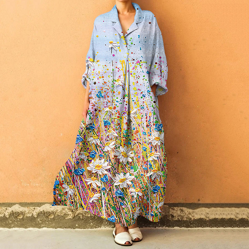 Comstylish Vintage Color Floral Lapel Long Sleeve Dress