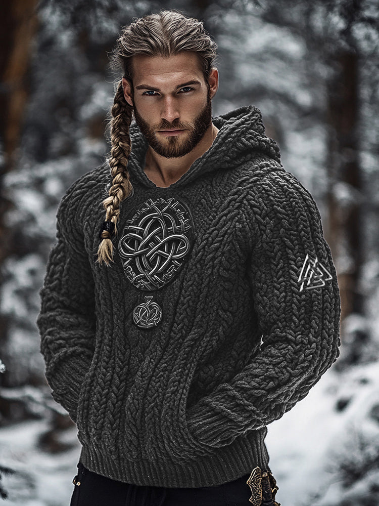 Men's Viking Tribal Jacquard Celtic Inspired Chunky Knit Hooded Sweater artswardrobe