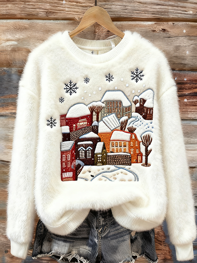 Comstylish Lady Christmas Winter Warmth Round Neck Flannel Sweatshirt