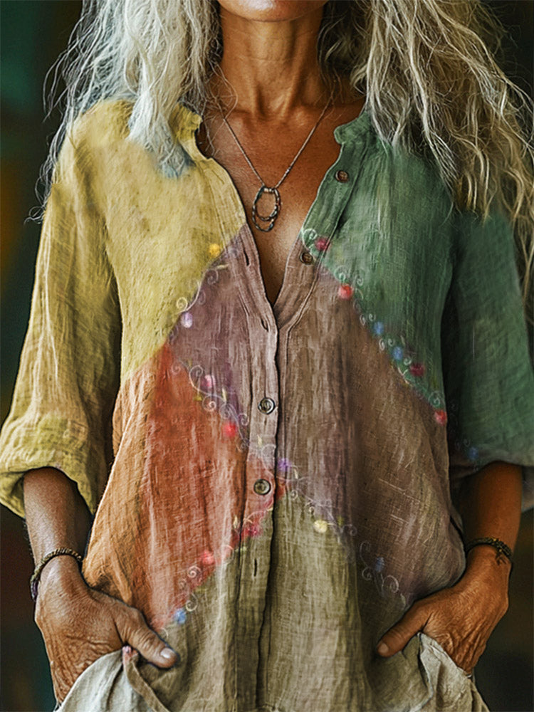 Women's Floral Colorblocking Pattern Art Print Casual Cotton Linen Shi