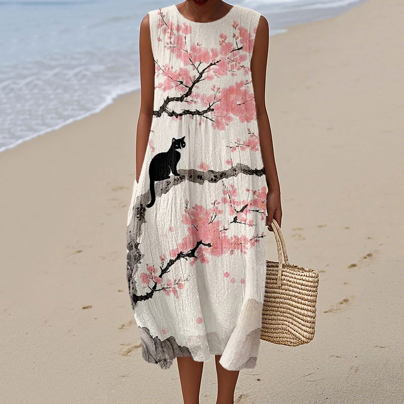 Comstylish Cat Sakura Japanese Art Linen Tank Dress