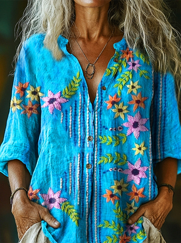 Women's Folk Floral Print Casual Cotton Linen Shirt