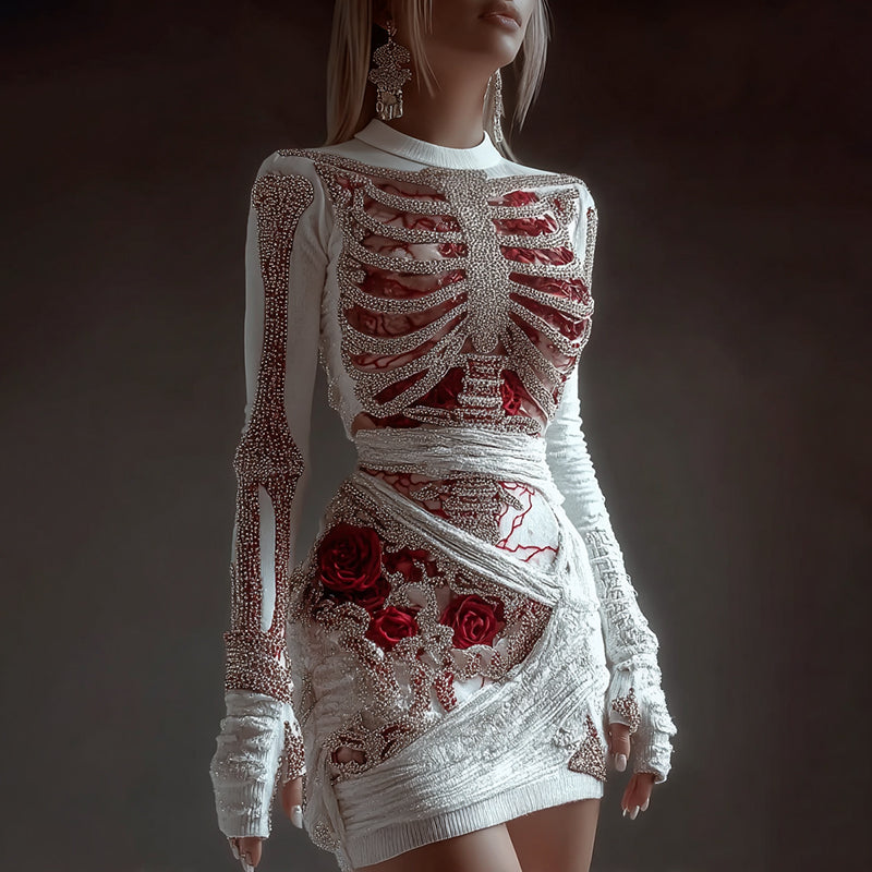 Comstylish Women's Red Rose Skeleton Art Knit Mini Sweater Dress