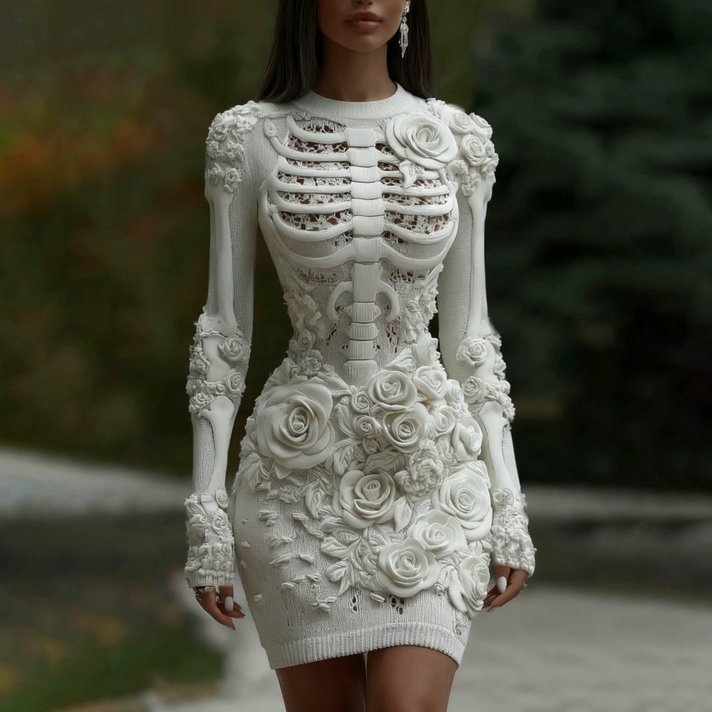 Comstylish Women's Vintage Halloween Skeleton & Floral Art Cozy Midi Dress