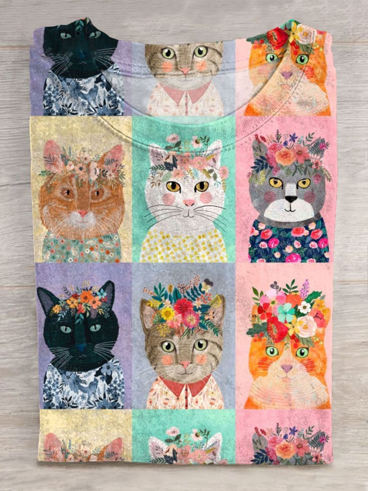Cat Art Print Short Sleeve Casual T-Shirt elevenforest