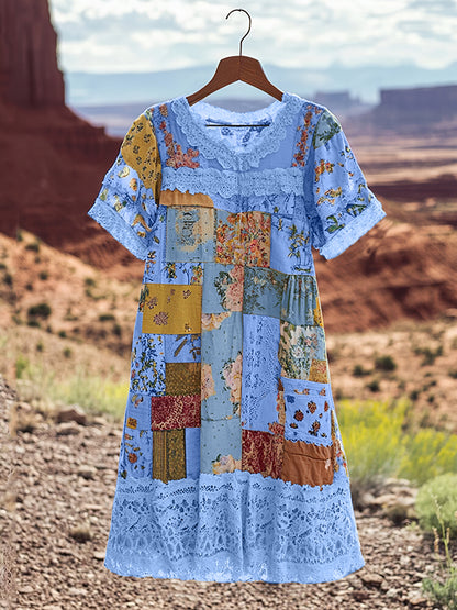 Vintage Floral Patchwork Comfortable Short-sleeved Dress artswardrobe