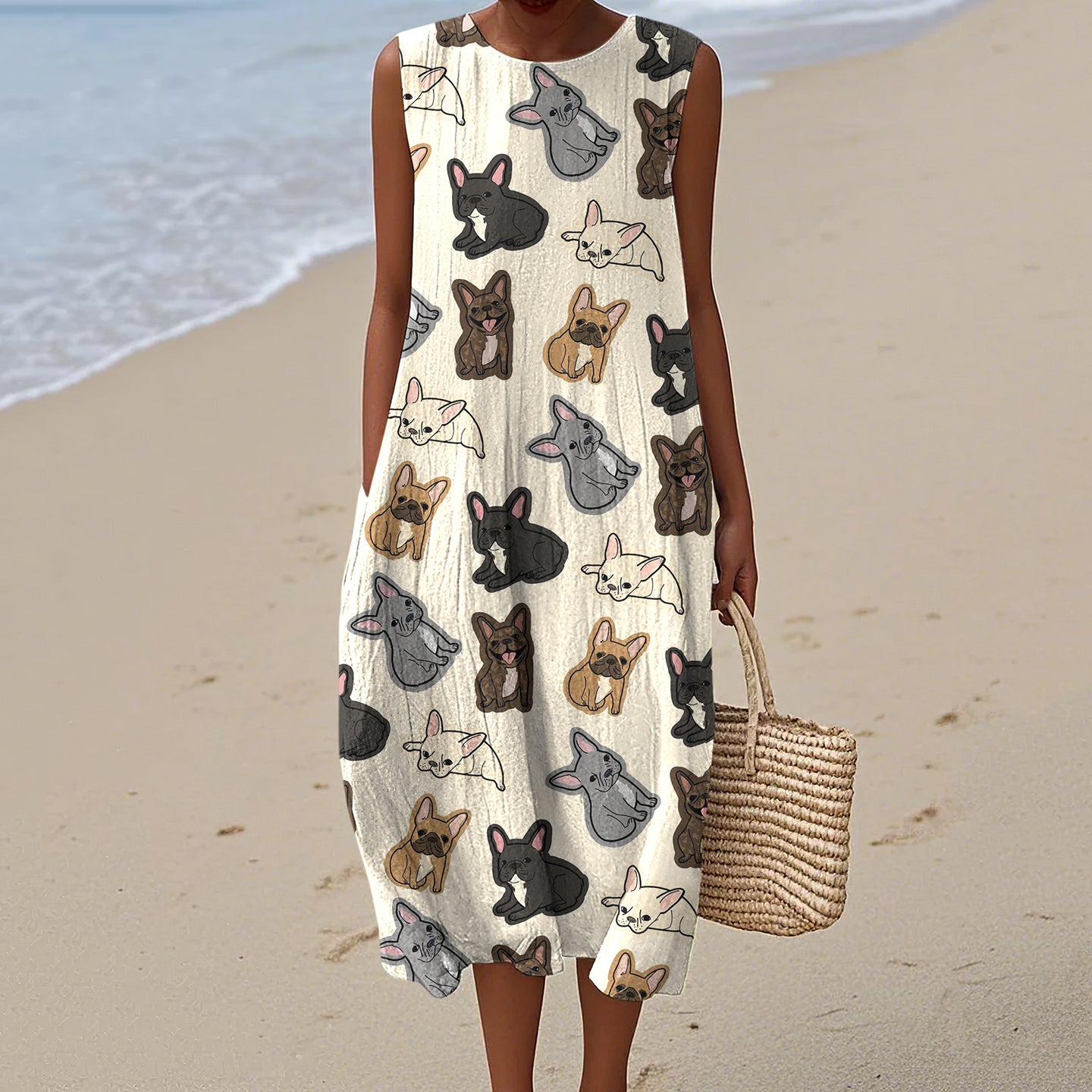 Retro Cute French Bulldog Art Linen Tank Midi Dress artswardrobe