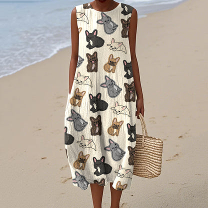 Retro Cute French Bulldog Art Linen Tank Midi Dress artswardrobe