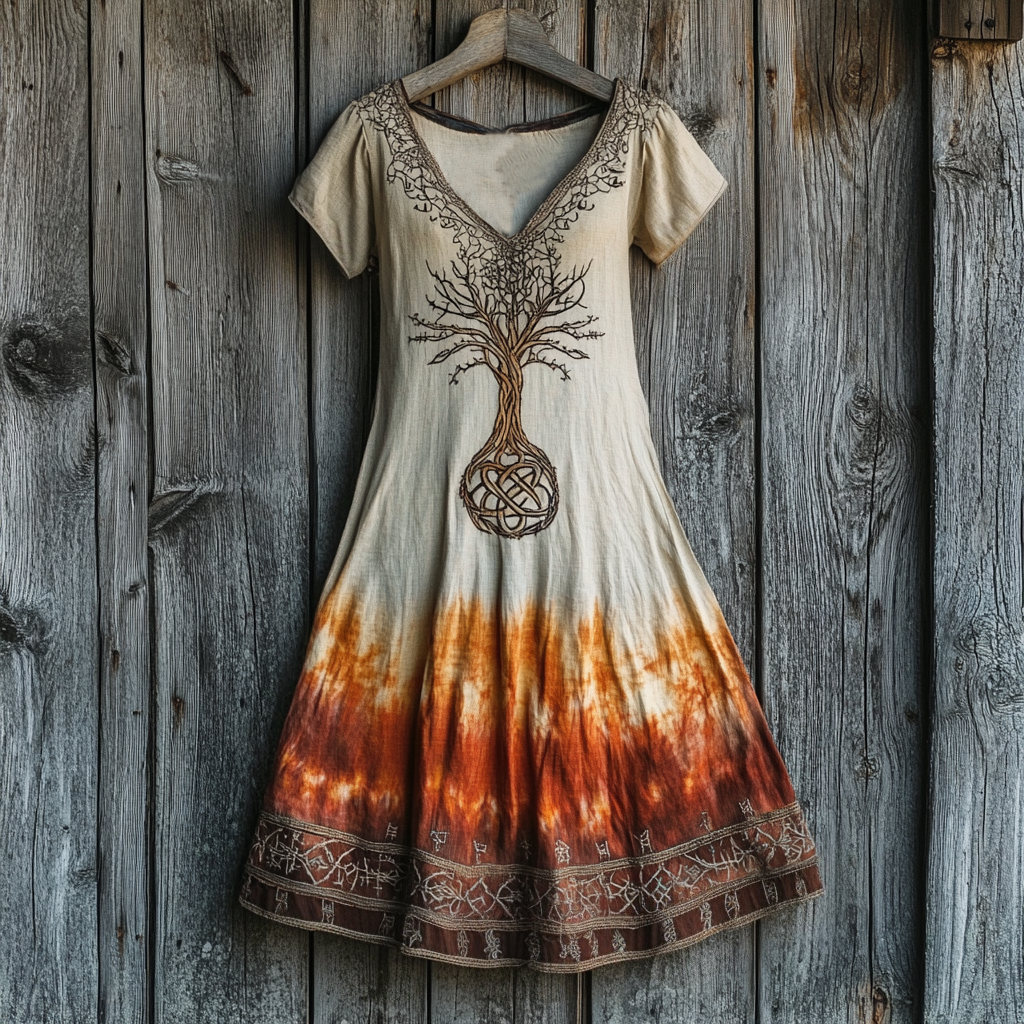 Women's Vintage Viking Tree Of Life Printed Cotton And Linen Dress artswardrobe